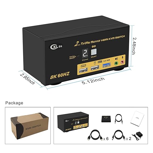 CKLau 2 Port Triple Monitor KVM HDMI Switch 8K@60Hz 4K@144Hz for 3 Monitors 2 Computers Share Keyboard and Mouse Support Emulation EDID Hotkey Function HDMI 2.1 HDR