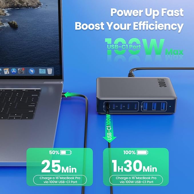 USB C Charger 300W USB C Charger BlockUpgraded GaN IV 8-Port Fast Charging Station HubPD 100W Laptop Charging Adapter Compatible with MacBook Pro/AirDELLSteam DeckiPhone 16/15/14Galaxy S23/22