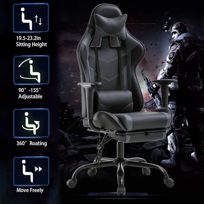 Ergonomic Gaming Chair for Adults Adjustable High-Back Computer Desk Chair with Lumbar Support and Footrest Leather Office Chair for Gaming Big and Tall Comfy Gamer Chair(Grey)