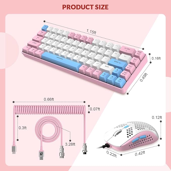ZIYOU LANG RK-T8PR0 Wired 65% Mechanical Gaming Keyboard and Mouse Combo with RGB LED Backlit Anti-ghosting TKL Mini 68 Key Coiled C to A Cable Tactile Blue Switch for PS4 PS5 Xbox PC Mac Gamer(Pink)