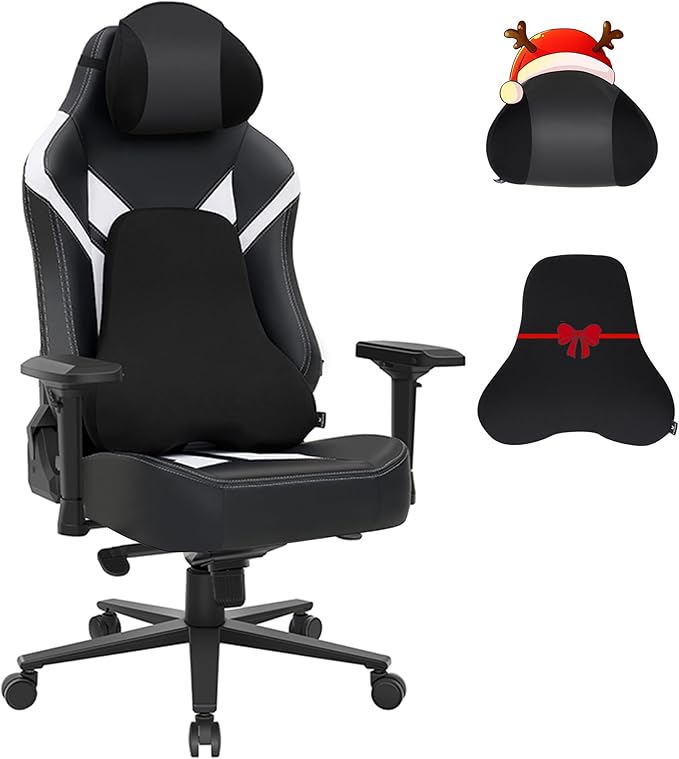 Ergonomic Gaming Chair Wyrdforging Computer Desk Chairs 4D Armrests High Back Office Chair With Headrest &amp Lumbar Pillow Tilt Rocker Recliner Heavy-Duty Base Black PU Leather &amp White Sue