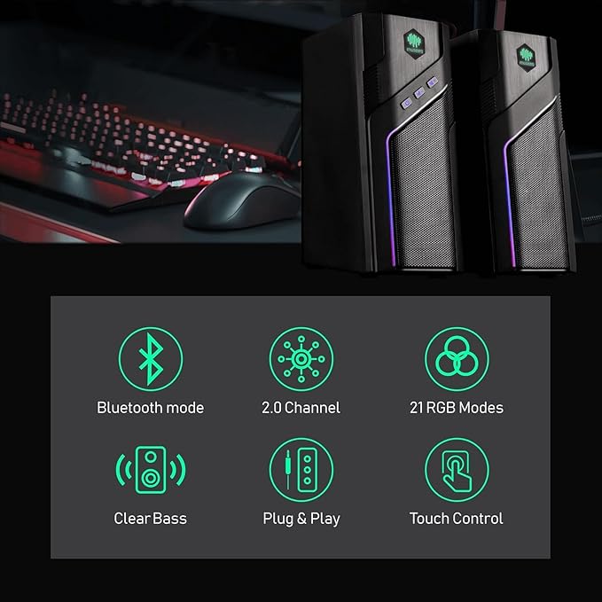 W-206RE Bluetooth RGB Computer Speakers 2.0 Stereo PC Speakers with 21 LED Light Modes Touch Control USB Powered Desktop Speakers for PC Laptop PS5