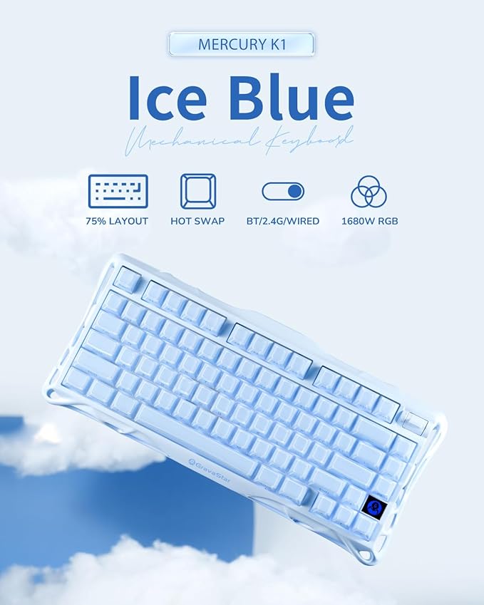 GravaStar Mercury K1 75% Blue Gaming Keyboard Aluminum Alloy Mechanical Keyboard Gasket Hot-Swap Socket Linear Switches RGB Backlit Wireless Keyboard for Gaming Office and Gifts