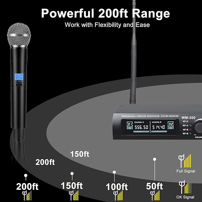 Wireless Microphone System Dual UHF Metal Cordless Mic Set Long Distance 150-200Ft16 Hours Continuous Fixed Frequency Use for Karaoke Singing Family PartyChurch (CH.01&amp02)