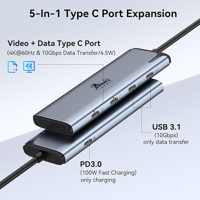 LIONWEI USB C Splitter Dual Monitors for MacBook Pro 2USB-C Video Output 4K@60Hz 10Gbps Data Transfer 100W PD Charging Dual Monitor Adapter Dongle for USB C Monitor Windows MacBook Pro/Air
