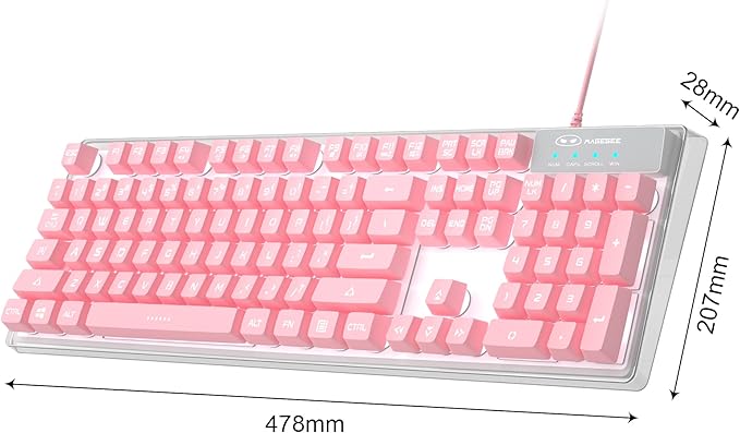 MageGee Gaming Keyboard 7 Solid Colors Backlit Wired Gaming Keyboard with Clear Housing and Double-Shot Keycaps K1 Waterproof Ergonomic 104 Keys Light Up Keyboard for PC Desktop Laptop Pink