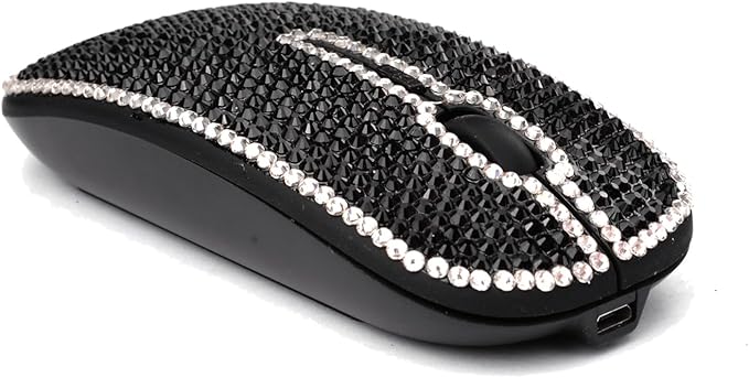 WONGS Bling Silver Edge Black Crystal Rhinestone Rechargeable Slim Silent Sparkly Computer Wireless Mouse with USB Receiver Bedazzled Mice for LaptopNotebook PC MacBook - Silver Edge