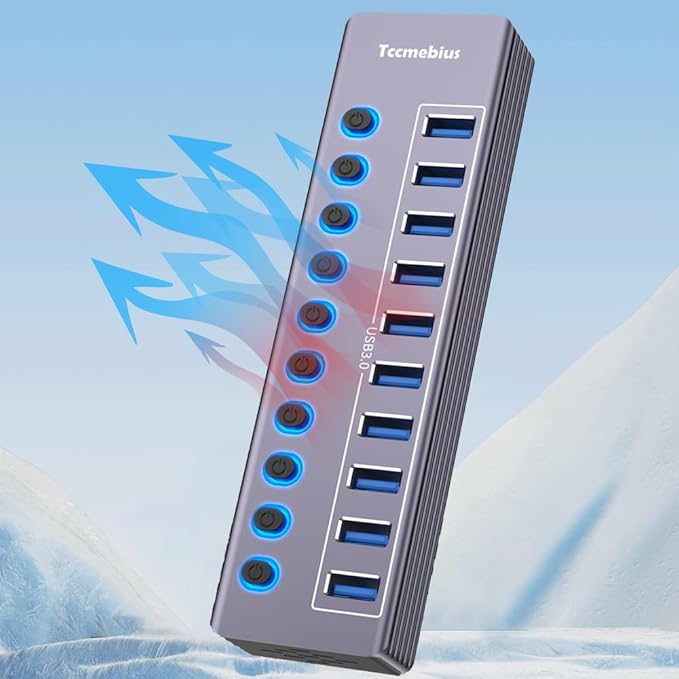 Powered 10-Port USB 3.0 Hub USB C to 10 Ports USB Data Hub Splitter with Individual LED On/Off Switche 3.3FT Cable 12V/3A Power Adapter for Laptop MacBook Pro/Air PC (Aluminum Gary)