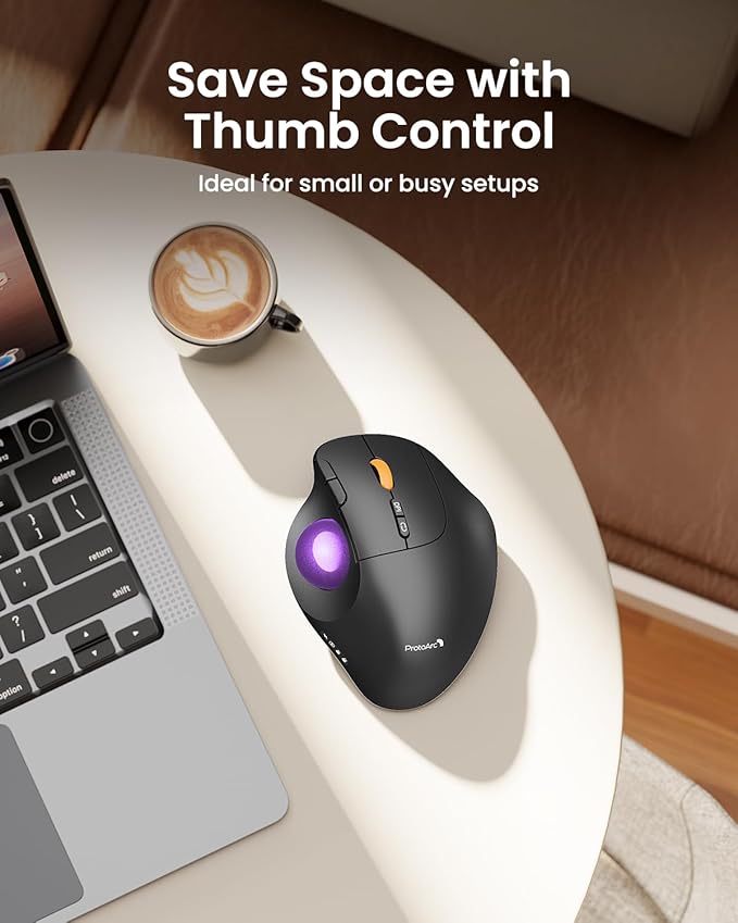 ProtoArc Wireless Bluetooth Trackball Mouse EM02 Two Adjustable Angle Ergonomic Rechargeable Computer Ball Mouse 3 Device Connection Thumb Control and Smooth Tracking for Laptop PC Mac-Purple