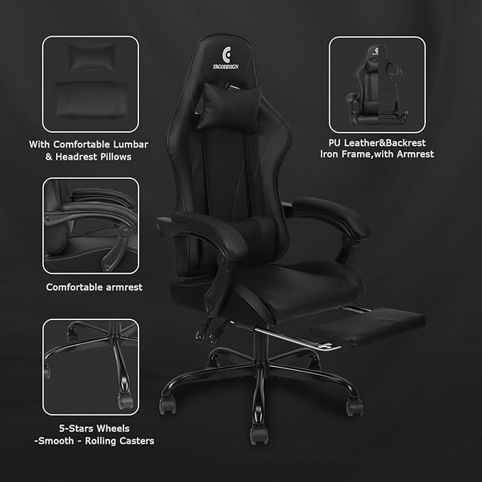 Gaming Chair with Linkage Armrest &amp Footrest High Back Video Gaming Chair Black