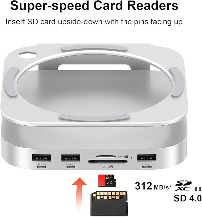 Qwiizlab Aluminum Stand Hub with SSD Enclosure Docking Station for Mac mini M4/M4 Pro 2 USB-A 10Gbps TF/SD 4.0 Card Readers 312MB/s HDMI 4K 60Hz USB-A 2.0 Fits M.2 NVMe SSD up to 8TB (Silver)