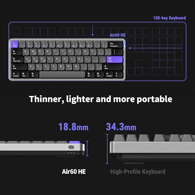 nuphy Air60 HE Wired Magnetic Gaming Keyboard61 Keys Rapid Trigger60% CompactActuation Point Adjustable 8K Hz Polling RateHall Effect Keyboard Low-Profile Magnetic Jade Switch