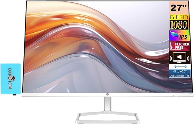 HP Series 5 527sa Monitor w/Speakers 94F48AA#ABA Bundle with Docztorm Dock 27 Full HD IPS (1920x1080) Display 2X HDMI Flicker-Free Ideal for Home &amp Business White/Silver (2026 Latest Model)