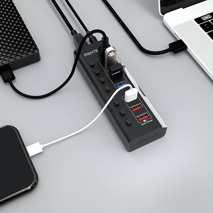 Powered USB Hub RSHTECH 7 Ports USB 3.0 Hub with 4 High Speed Data Transfer Ports + 3 Fast Charging Ports36W 12V/3A Power Adapter and Individual On/Off Switches(A37-Black)