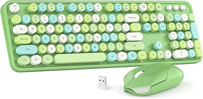 Wireless Keyboard and Mouse Combo MOWUX Colorful Computer Full Size 2.4G Plug and Play Wireless Typewriter Keyboard and Mouse Set for Windows Computer Desktop PC Notebook (Green Colorful)