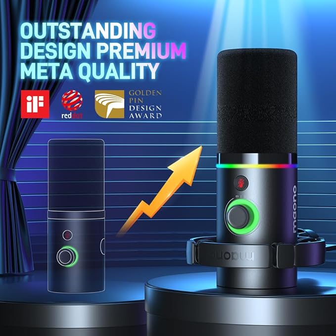 MAONO XLR/USB Dynamic Microphone RGB Gaming Mic with Software Mute Gain Knob Volume Control and Headphone Jack for Streaming Podcasting Recording-PD200X (Black)