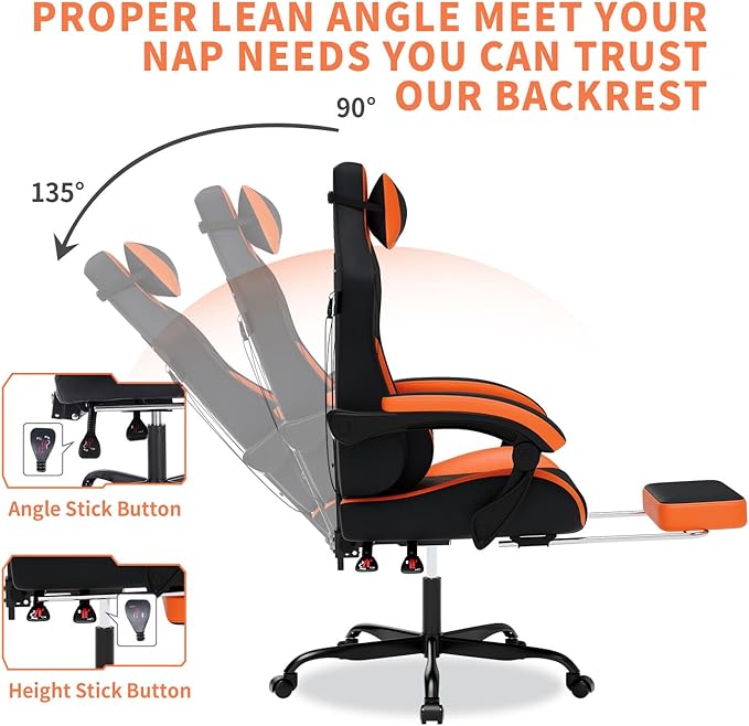 Gaming Chair with MassageErgonomic PC Gaming Chair with Footrest Comfortable Headrest and Lumbar SupportHigh Back Game Chair PVC Leather300LBS (Black&ampOrange)