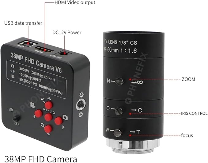 38MP HDMI Camera USB HD Live Streaming Webcam 1080P 2K 60FPS 3800W Industry CS-Mount Camera with 6-60mm/6-12mm Varifocal Lens(Camera 6-60mm Lens)
