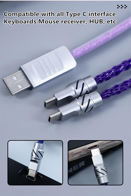 2-in-1 USB C Dual 8K Mechanical Keyboard Magnetic Axis Cable 6mm Thick Braided RGB Flash Cable No Interruption Metal Plug for Mechanical Keyboards/Mice/Hubs USB-C to USB-A1.5Meter (Pink)