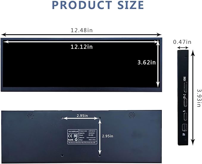 VSDISPLAY 12.7 Inch 2880x864 2K Stretched Bar LCD Screen with USB-C/DP Video Input Secondary Display for PC/Computer/Laptop CPU GPU Data Monitoring