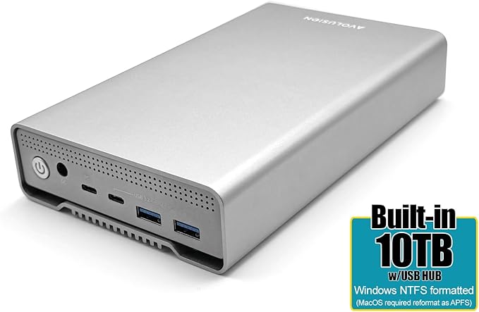Avolusion PRO-G1 10TB USB 3.2 Gen 2 (10Gbps) USB-C External Hard Drive w/USB HUB for Windows/MacOS (Grey)