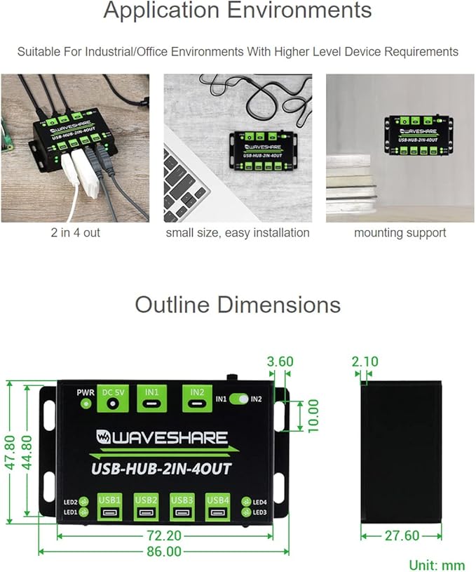 Waveshare Industrial Grade USB HUB Extending 4X USB 2.0 Ports Switchable Dual Hosts Sharing USB Devices for Two Hosts