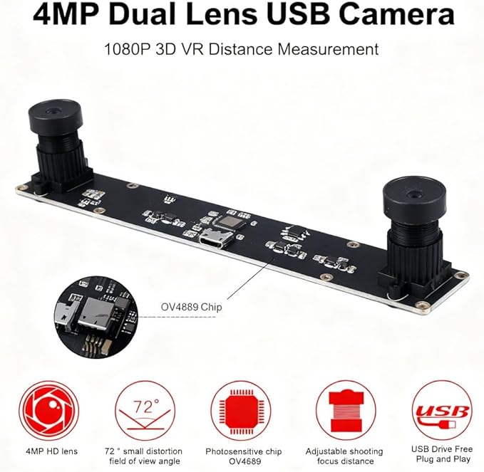 4MP Dual Lens USB Camera Board Computer Camera Module 72° Viewing Angle with Distortion 1080P 3D VR Distance Measurement - High Resolution USB Plug and Play Versatile