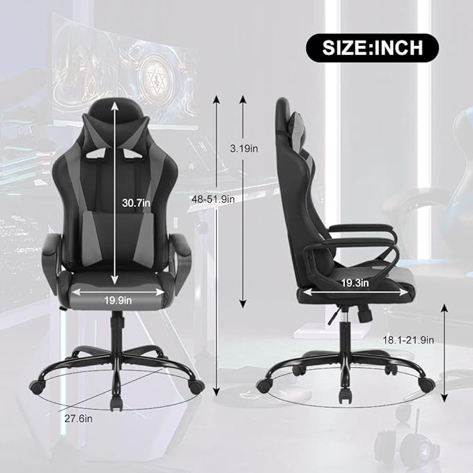 High Back Gaming Chair PC Computer Chair Office Chair for Adult Teen Kids Ergonomic PU Leather Game Chair w/Lumbar Support Headrest Adjustable Rolling Swivel Desk Chair Grey