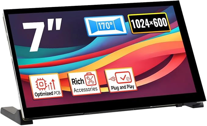 Generic LUCKFOX Touchscreen7 inch HDMI 1024x600 Portable Monitor Compatible with Raspberry Pi 5/4/4B/3/3B/Zero 2 W/All Pi VersionPlug &amp Play LCD IPS Display with Stand Black