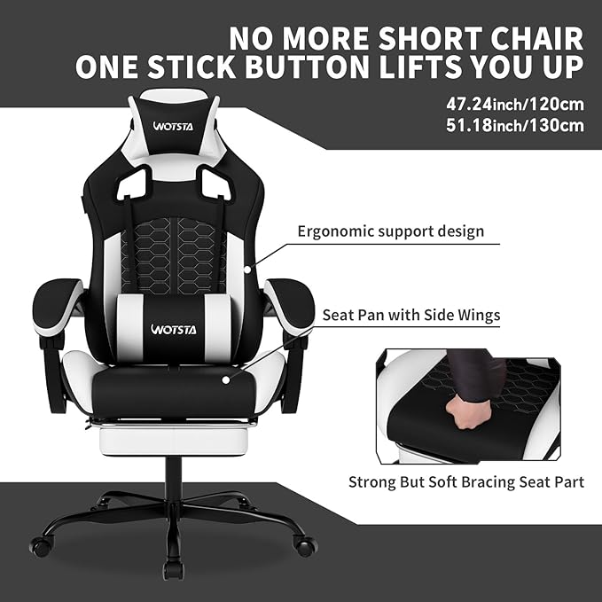 Gaming Chair with MassageErgonomic PC Gaming Chair with Footrest Comfortable Headrest and Lumbar SupportHigh Back PVC Leather300LBS (Black White)