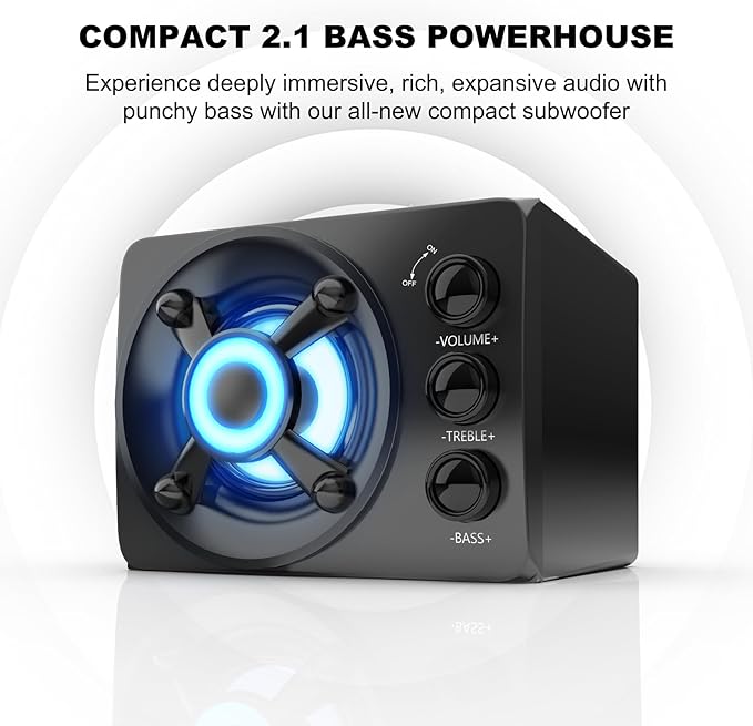 D-208 Computer Speakers with Subwoofer 2.1 Hi-Fi PC Speakers System with RGB Lighting  Enhanced Bass Plug and Play USB/USB-C Powered and 3.5mm Aux in for Desktop Monitor Laptop Tablet (Black)