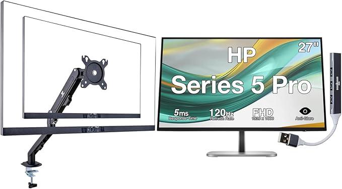 HP Series 5 Pro 27 FHD IPS Monitor With 5ms Response Time Anti Glare Flicker Free Swivel Pivot 350 Nits VESA Mount (100mm) Displayport HDMI Black Color w/DKZ Hub &amp ErgoFlexy Single Mount