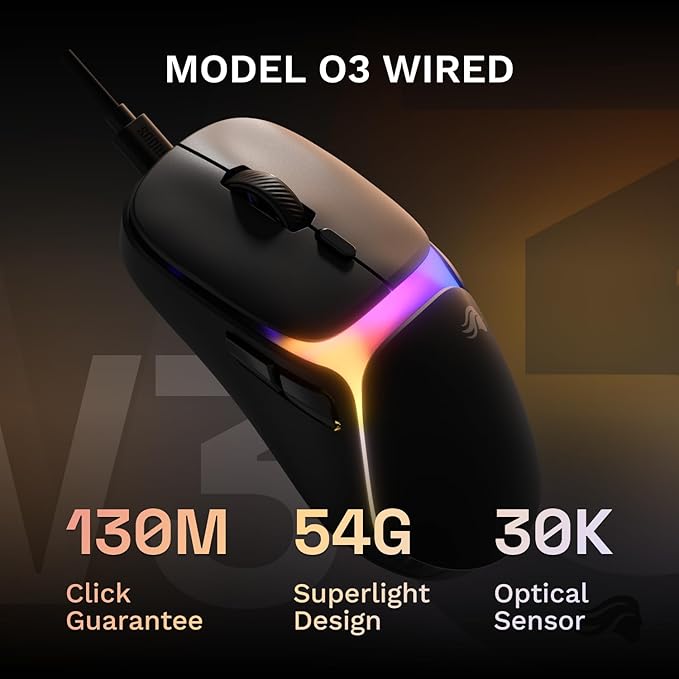 GLORIOUS Gaming Model O3 Wired Gaming Mouse - Ultralight 54g Weight 130M Click Optical Switches 30K DPI BAMF 3.0 Sensor 750 IPS Tracking 50G Acceleration Supports All Grip Types - Black