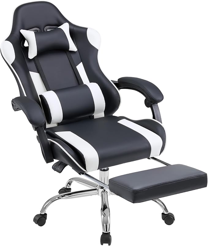 DUMOS Gaming Office Desk Chair with Footrest and Headrest for Adults PU Leather Ergonomic Video Computer Chair with Linkage Armrests Height Adjustable 360° Swivel Recling Chair New White