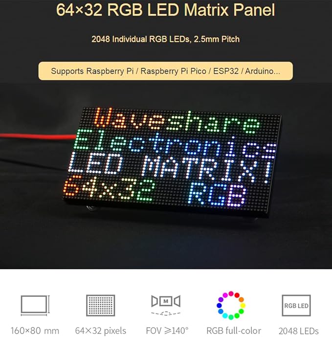 RGB Full-Color LED Matrix Panel 64x32 Pixels 2.5mm Pitch 2048 Individual RGB LEDs Adjustable Brightness Support Raspberry Pi/Raspberry Pi Pico/ESP32/Ardu Display Text Colorful Image/Animation