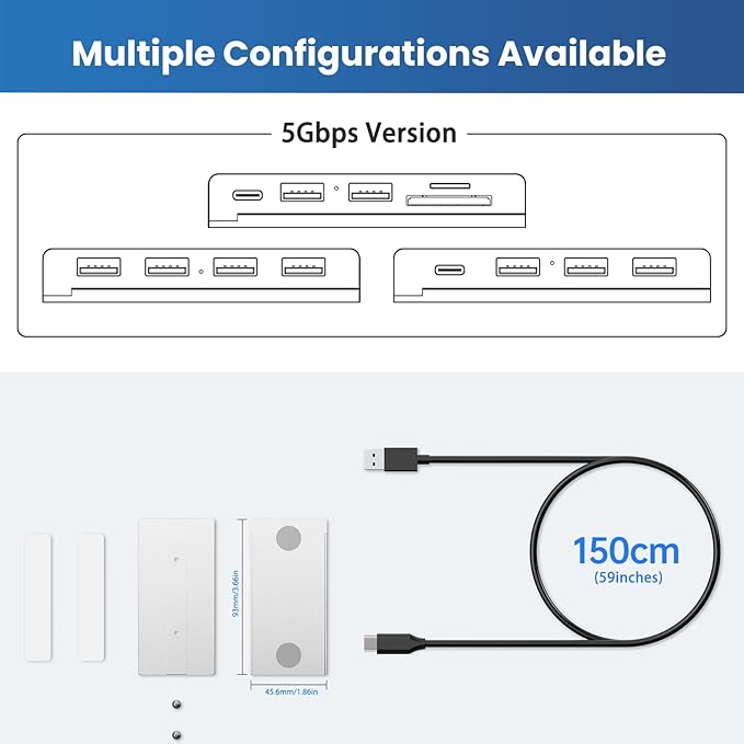 EJAY 5-in-1 Magnetic USB 3.0 Hub with SD/TF Card Reader 2 USB-A + 1 USB-C Ports Includes Sliding Rail Screws &amp Sticky Pads for MacBook Laptop PC Silver