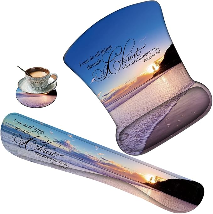 Keyboard Wrist Rest Pad + Mouse Pad Wrist Rest Support + Coaster Combo Set Ergonomic Gaming Mouse Pad for Wrist Pain Relief for Computer Laptop Home Office Beach Quoting Bible Verse Philippians 4-13