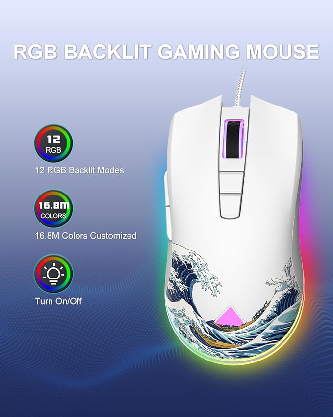 COSTOM Womier G705 USB Wired Gaming Mouse for PC Computer Windows Mac Laptop Lightweight Silent RGB Backlit Mouse with Adjustable 12000DPI/7 Programmable Side ButtonsWhite Kanagawa Theme