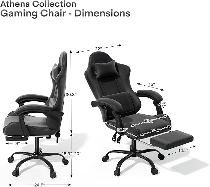 Athena Collection Ergonomic Gaming Chair with Footrest &amp Headrest Lumbar Support Height Adjustable Swivel Office Chair Reclining Game Chair Leather High Back Computer Chair for Adults Kids Black