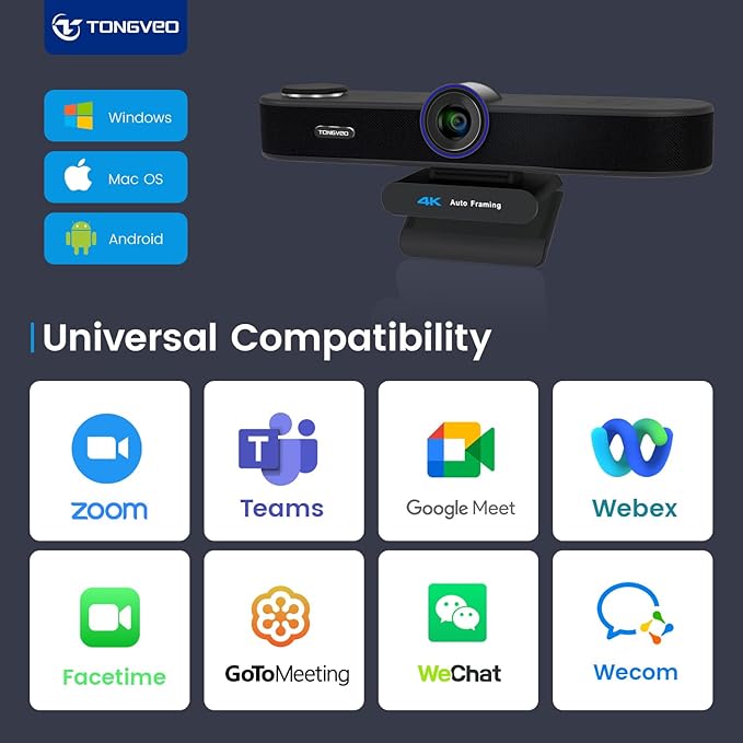 TONGVEO 3-in-1 4K Webcam with Microphones and Speaker AI Auto-Tracking 5X Digital Zoom Webcam 4K Adjustable Field of View Remote Control Works with Microsoft Teams Zoom Google Meet PC Mac Laptop