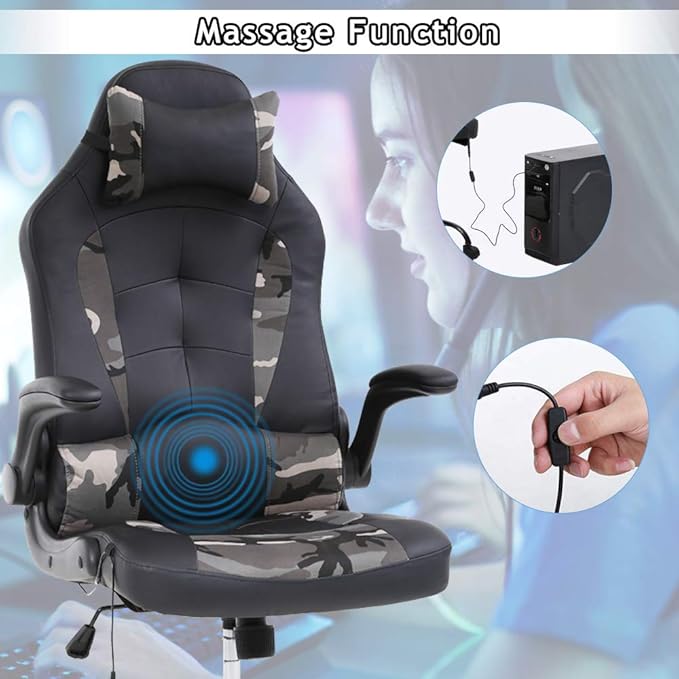 Massage Gaming Chair Ergonomic Office Chair High Back Desk Chair PU Leather Executive Chair with Lumbar Support Headrest Armrest PC Racing Computer Chair Task Rolling Swivel Chair Camo