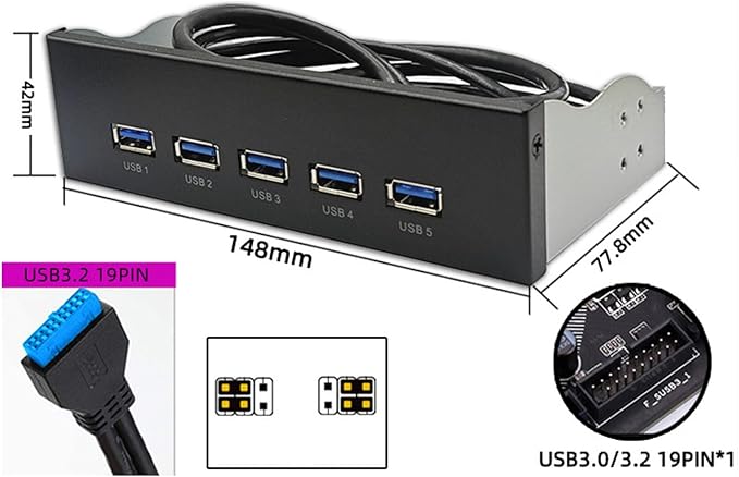 5.25 Inch 19 Pin Front Panel USB Hub 5xUSB3.2 GEN1 Ports GL3510 Controller Multi System Compatibility for WIN7 8 10 2003 OS X