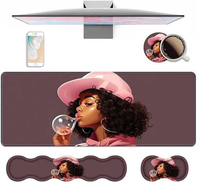 4 in 1 Ergonomic Keyboard Wrist Rest &amp Mouse Pad Wrist Rest Set Large XXL Gaming Desk Mat 31.5x 11.8 with Non-Slip Base Memory Foam for Home Office Study Gaming African American Black Girl