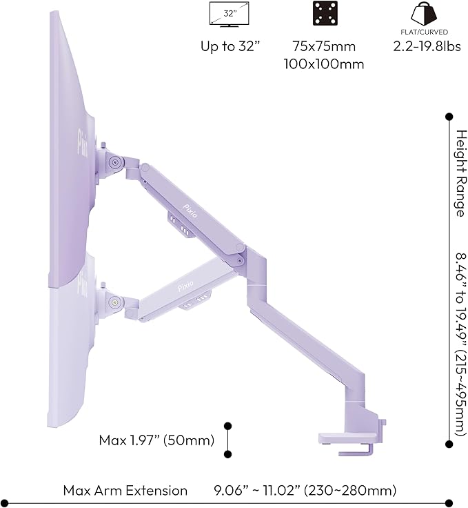 Pixio PX248 Wave Purple 24 inch 200Hz Refresh Rate FHD 1080p Resolution Fast IPS Panel 1ms GTG Response Time Gaming Monitor and PS1S Wave Purple Single Monitor Arm - Fits up to 32 inches and 19.8lbs