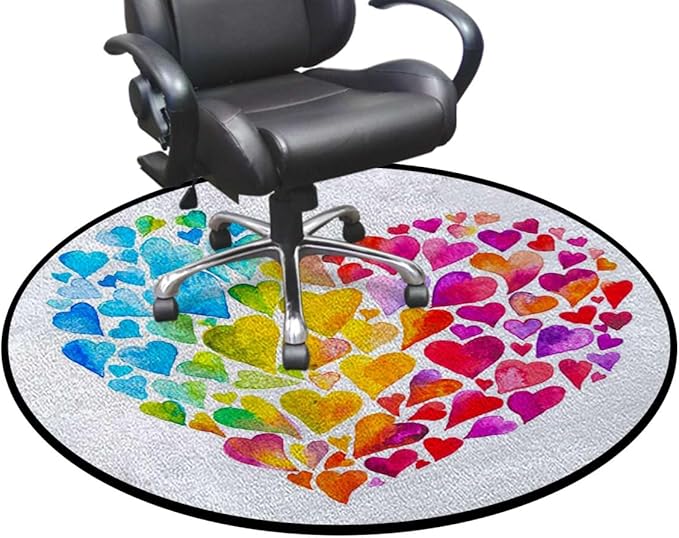Multicolor Office Chair Mat Hardwood Floor Computer Desk Mat Anti-Slip Gaming Chair Mat Round Floor Mat Durable Floor Protector Watercolor Hearts White Background Diameter 51 in