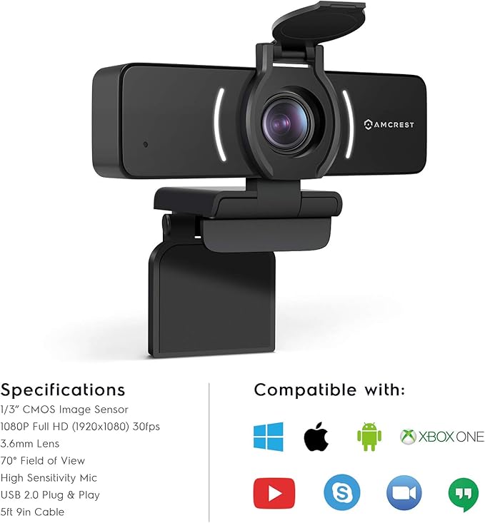 Amcrest 1080P Webcam with Microphone &amp Privacy Cover Web Cam USB Camera Computer HD Streaming Webcam for PC Desktop &amp Laptop w/Mic Wide Angle Lens &amp Large Sensor for Superior Low Light