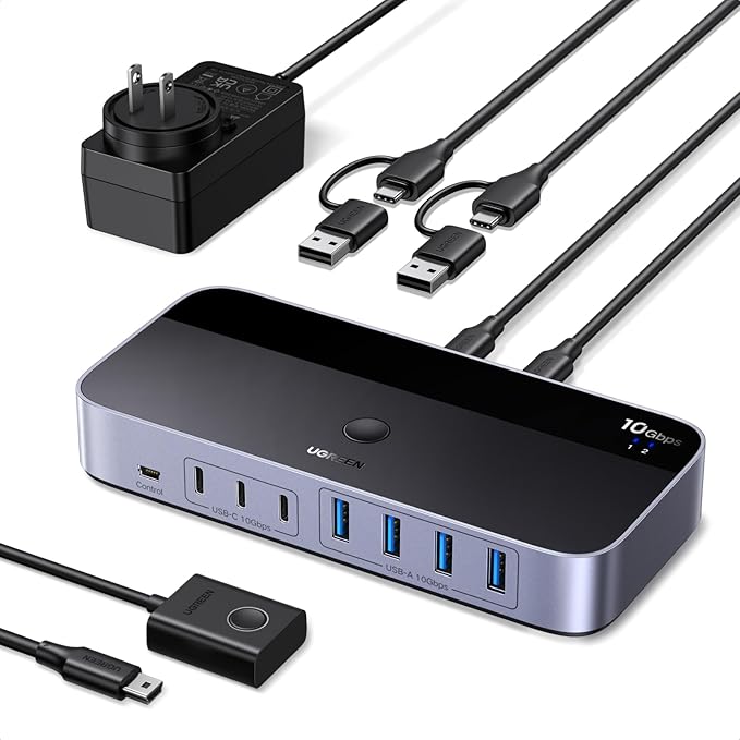 UGREEN 2-in 7-Out USB 3.2 Switch 10 Gbps Switcher for A or C Computers Sharing All Devices(4 A+3 C) Keyboard Mouse Switch with Type C Converter AdapterPower Adapter