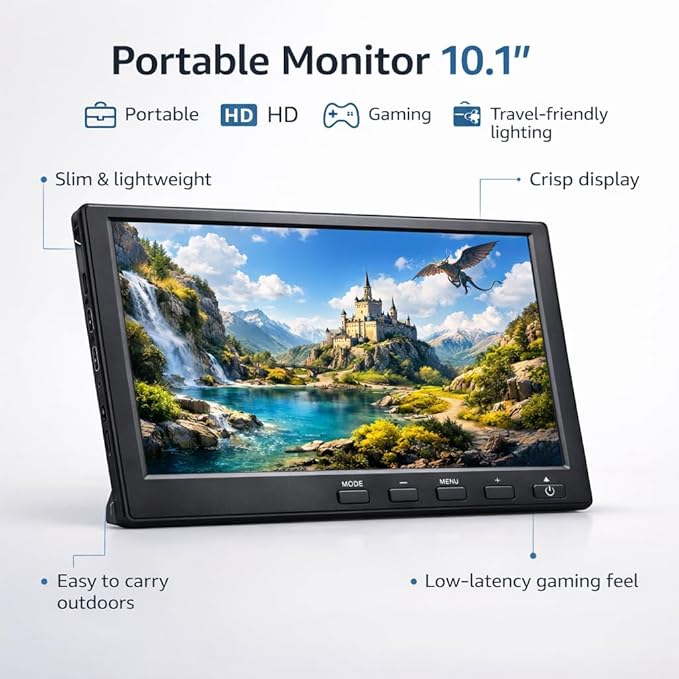 Cocar 10.1 Inch Portable Gaming Monitor 1280x800 HD IPS Screen with HDMI VGA AV USB Inputs MP5 Media Player Built-in Speaker 60Hz Compatible with PS4 Xbox PC and Car Backup System