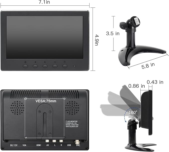 OSCY 7 Inch Small Monitor Mini HDMI Monitor 1024x600 Support HDMI VGA AV BNC Inputs Built in Dual Speaker and Remote Contro Tiny for PC/Mac/TV/Raspi/Camera/Gaming/CCTV