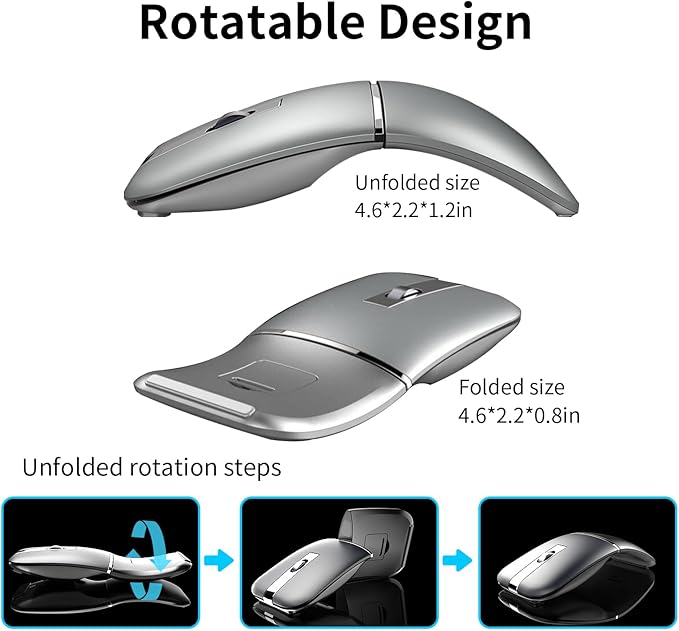 Bluetooth Arc Mouse Wireless Silent Travel Mouse Rechargeable with BT &amp 2.4G Dual Mode 1000/1600/2400 DPI Slim Rotatable Portable Mobile Mice USB Optical Computer Mice for PC Laptop Tablet -Sil